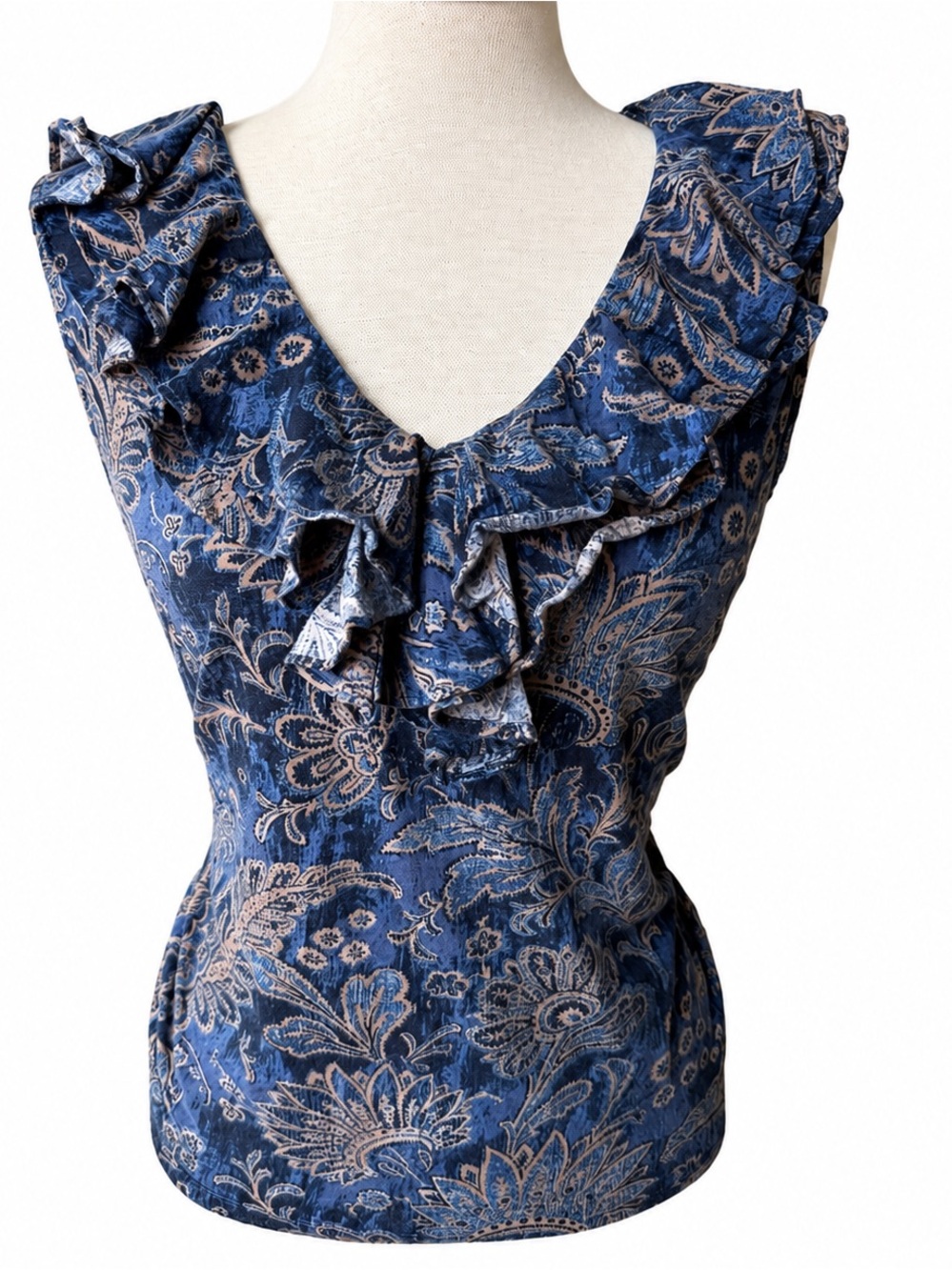Ralph Lauren Blue Paisley Ruffle V-Neck Tank Petite Large